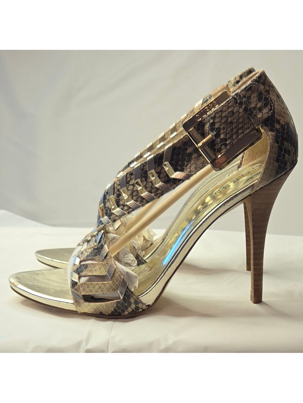 GUESS Metallic Caged Strappy Stiletto Heels Snake Print Open Toe Size 9